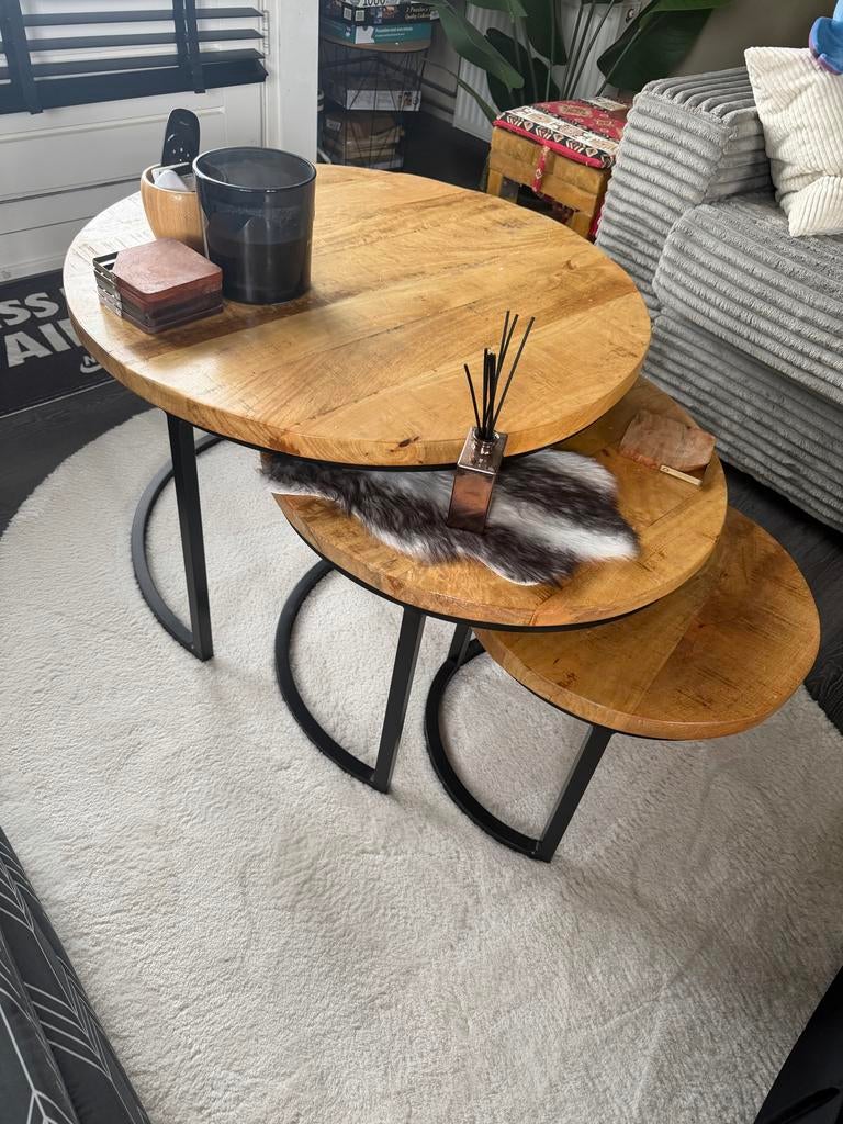 3-delige Mango Houten Salontafel Set - Dikke Kwaliteit, Gebruikt, Rond, Minder dan 50 cm, Overige houtsoorten