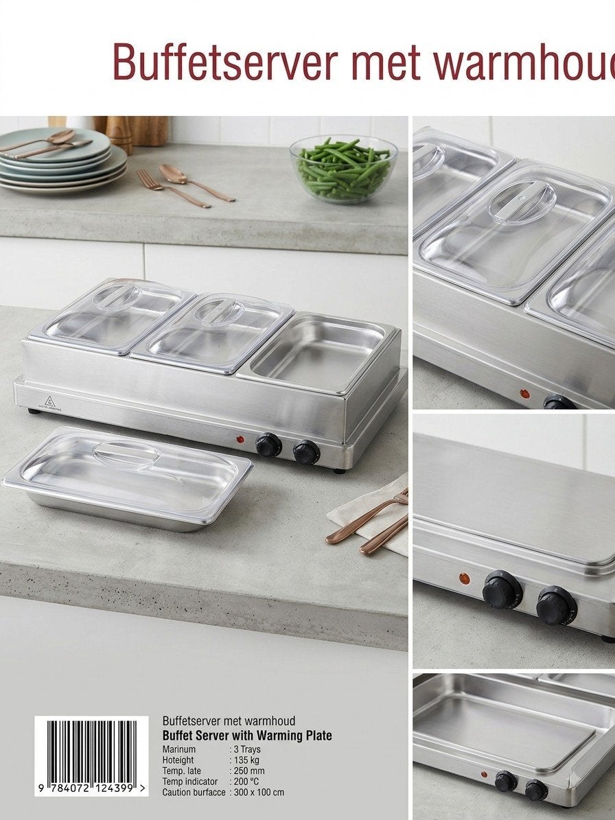 Buffetserver met warmhoudplaat - 3 trays, Ophalen, Zo goed als nieuw
