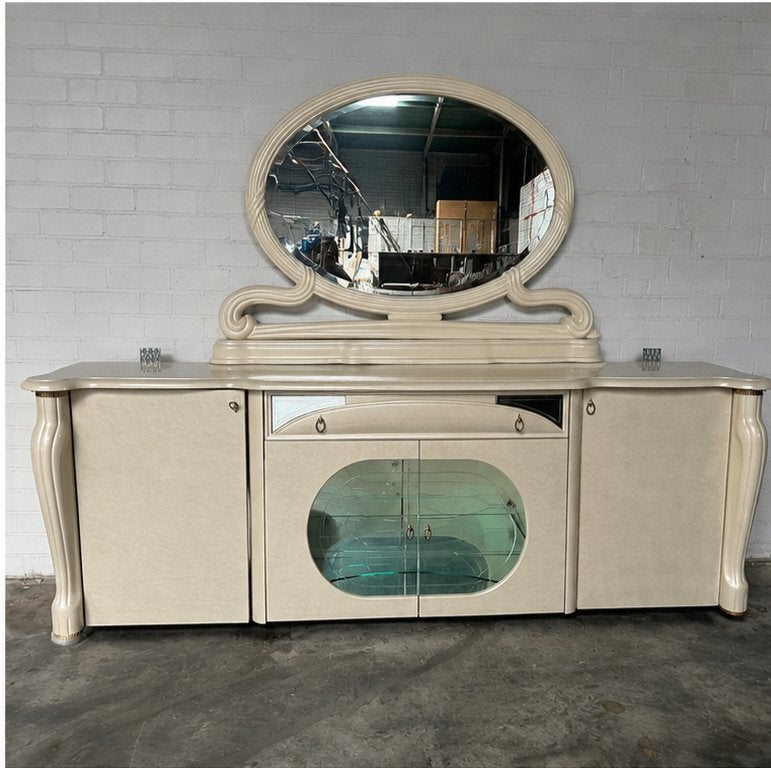 Klassiek dressoir met spiegel en vitrinekast crème, Gebruikt, Met deur(en), Eikenhout, Ophalen of Verzenden