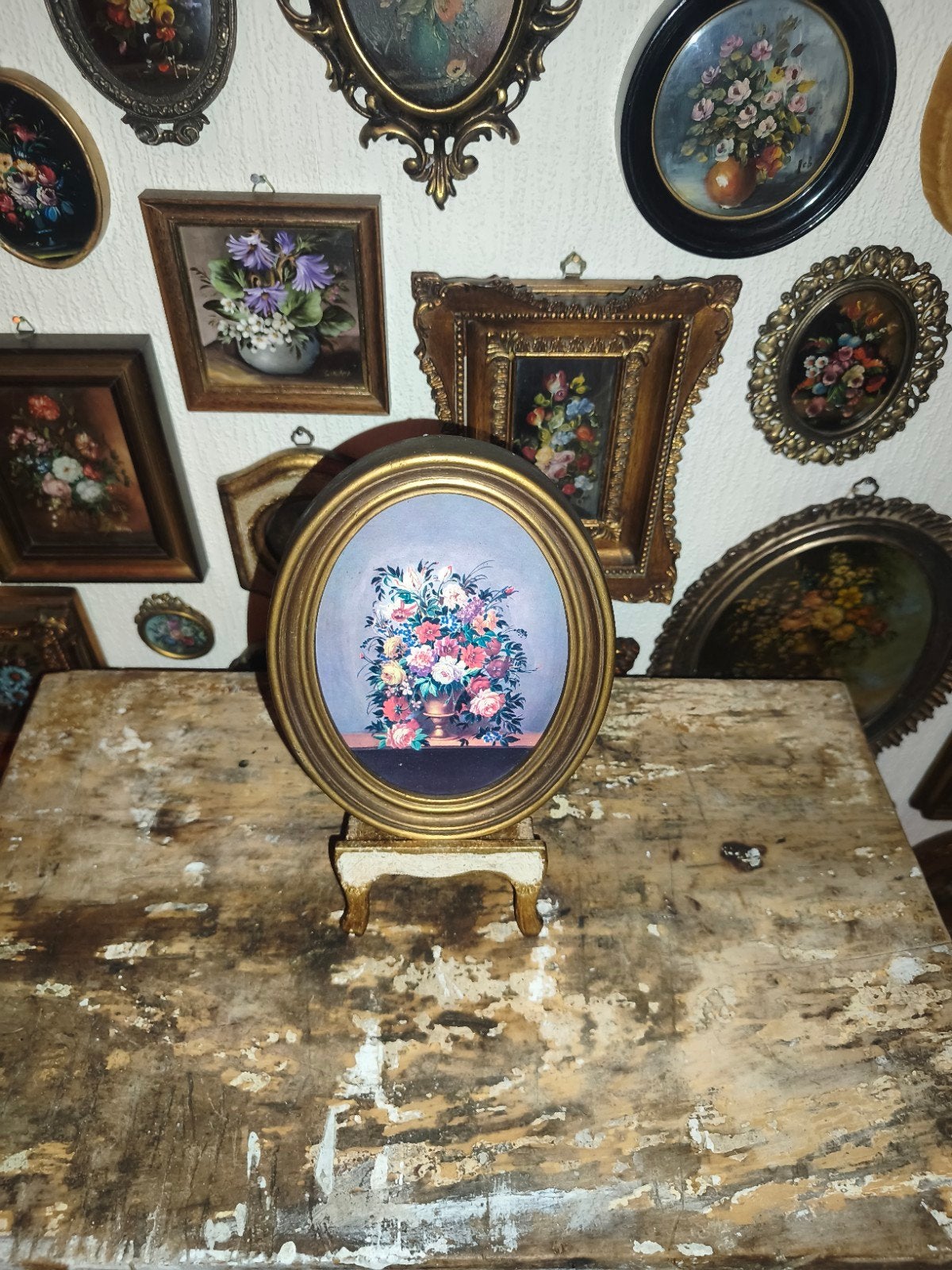Oud schilderijtje met bloemen prent stilleven V94, Ophalen of Verzenden