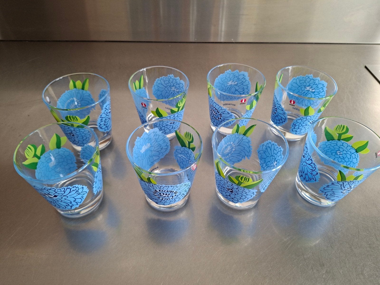 8 Iittala Marimekko glazen met blauw bloemmotief, Nieuw, Ophalen of Verzenden, Overige merken, Glas