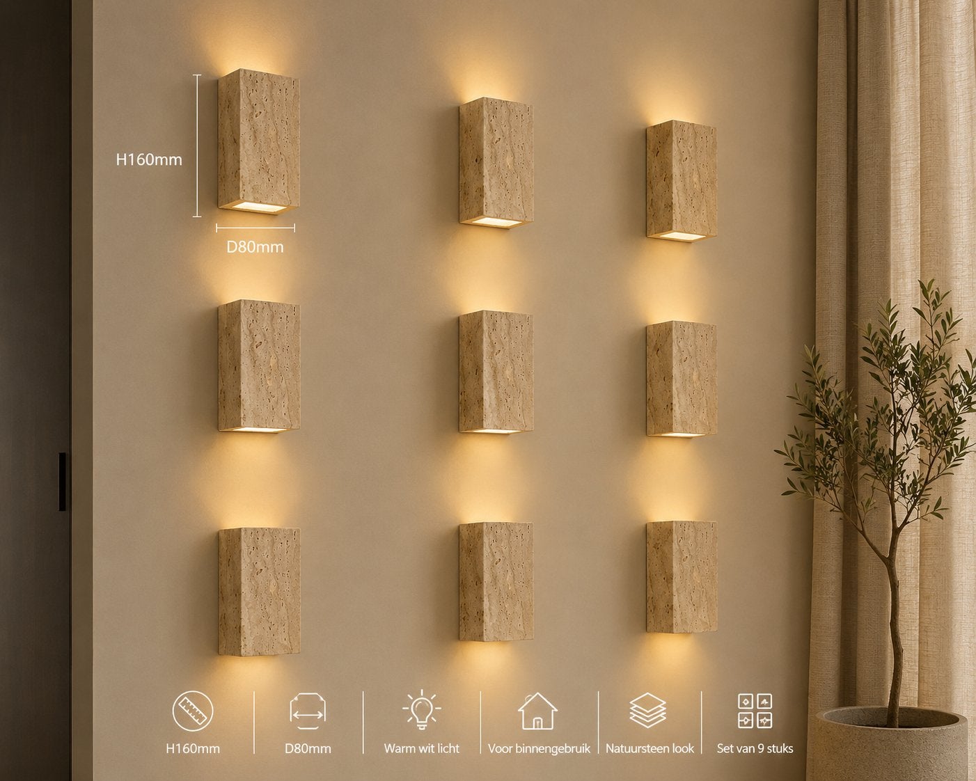 Travertin wandlamp natuursteen 9 stuks, Ophalen of Verzenden