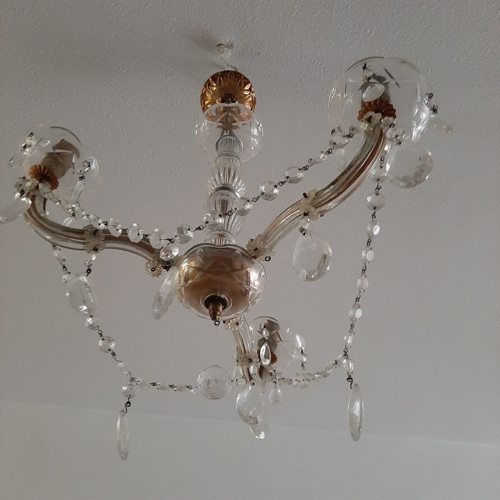 Oude kroonluchter met kristallen hangers, shabby chic, Ophalen, Gebruikt, Glas, Klassiek, Elegant
