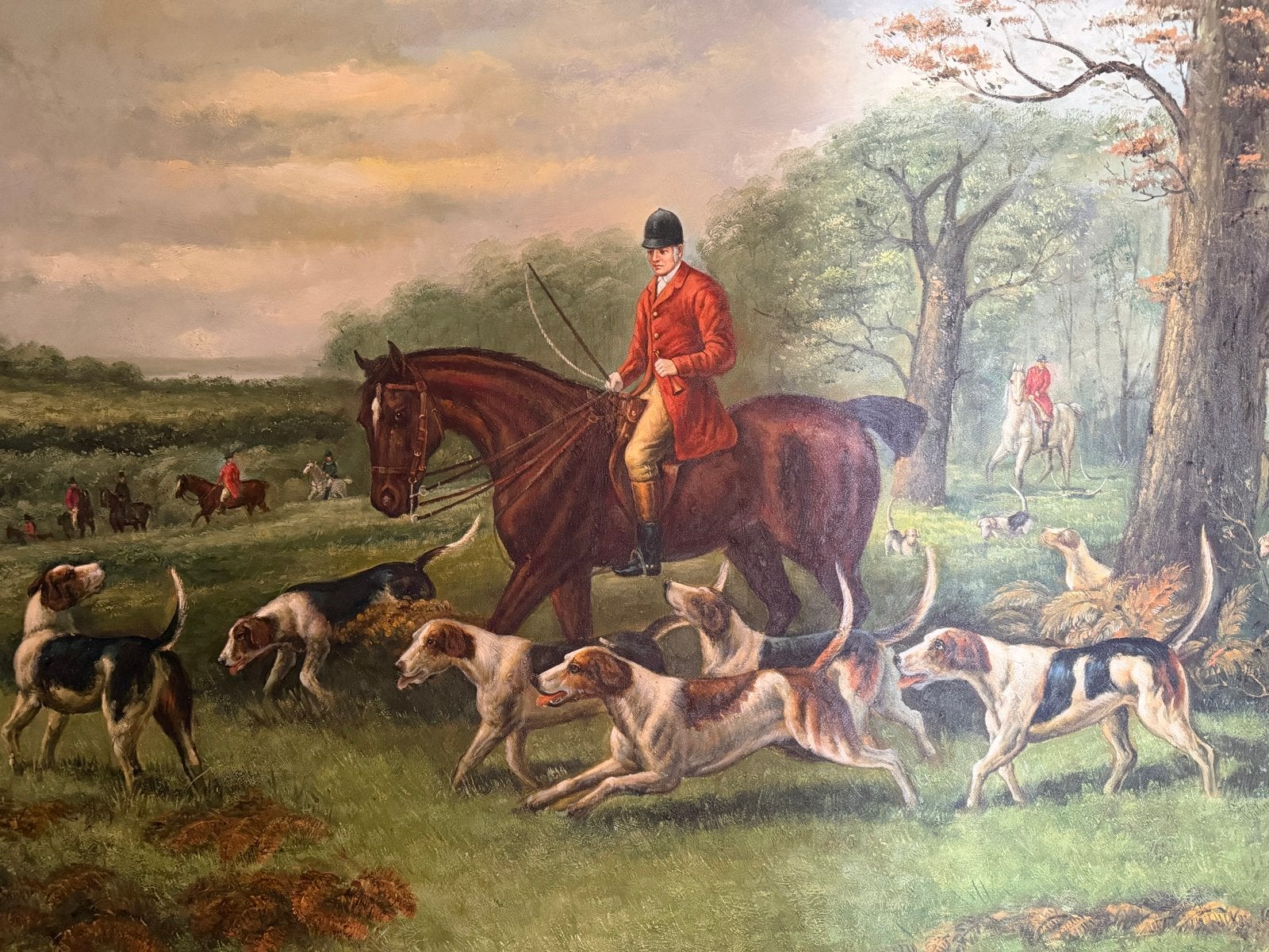 Groot Schilderij Jachtscène met Ruiter en Honden, Ophalen, Doek, Dieren, Olieverf