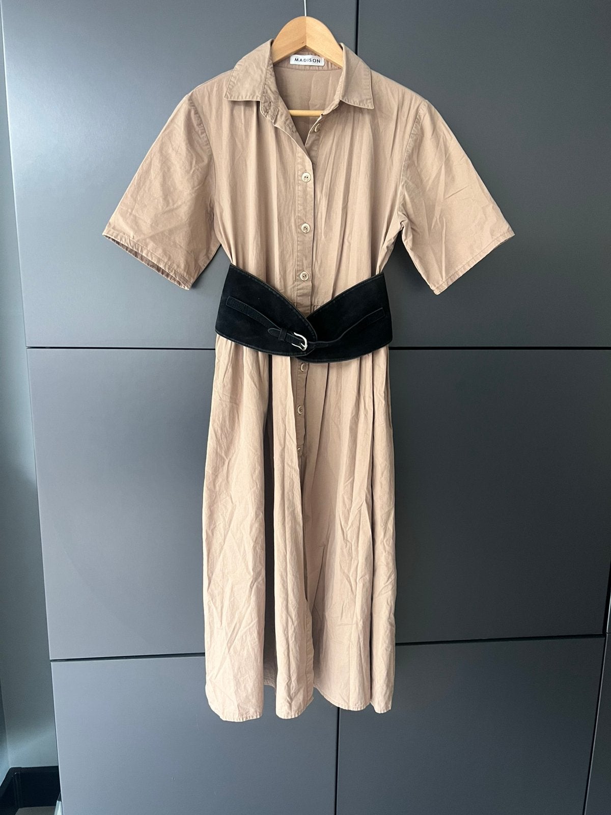 MADISON BEIGE KATOENEN MIDIJURK MIDI JURK MAAT M, Maat 38/40 (M), Beige, Ophalen of Verzenden, Zo goed als nieuw
