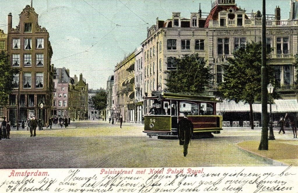 Amsterdam. - Palaisstraat met Hotel Palais Royal. - 1905 gel, Verzamelen, Verzenden, Voor 1920, Gelopen, Noord-Holland