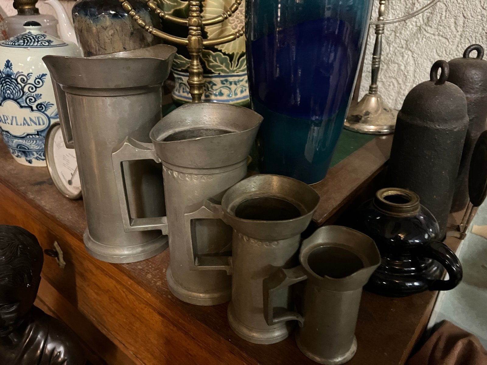 Set van 4 Antieke Originele Tinnen Maatbekers, Ophalen of Verzenden