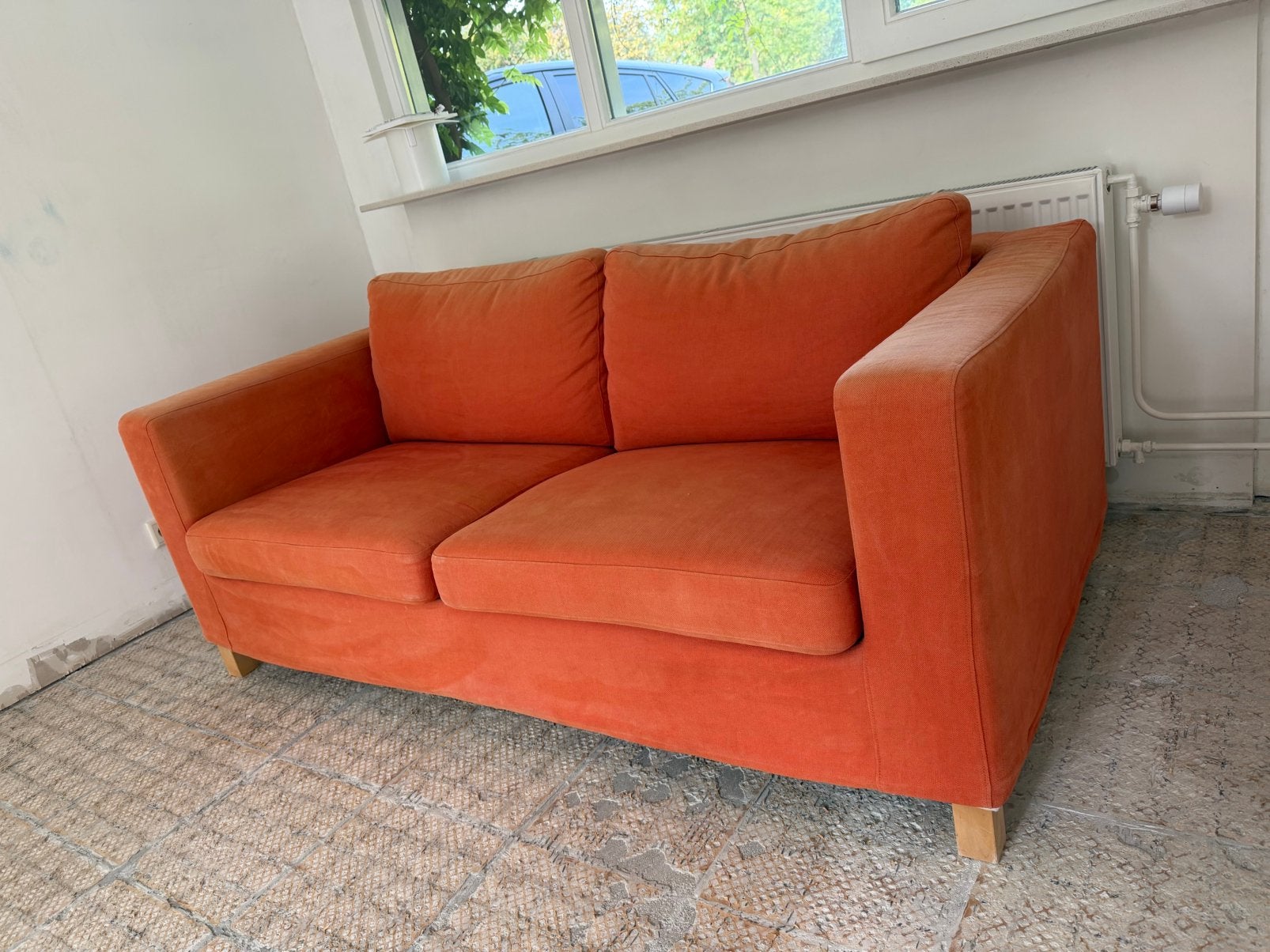 Vimle Ikea slaapbank, oud model, oranje hoes, 180*96*77 cm, Ophalen, Gebruikt, 150 tot 200 cm, Tweepersoons