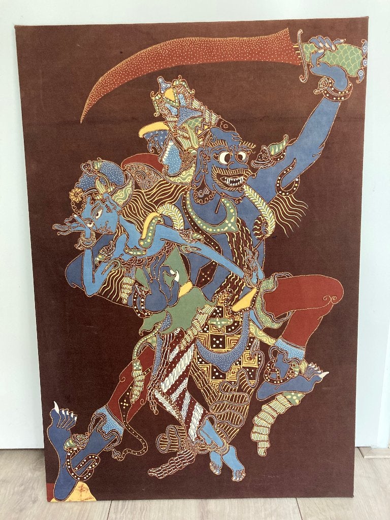 Mooi Indonesisch batik blauw/ bruin wandkleed, Textiel, Op te hangen, Indonesië, Wanddecoratie