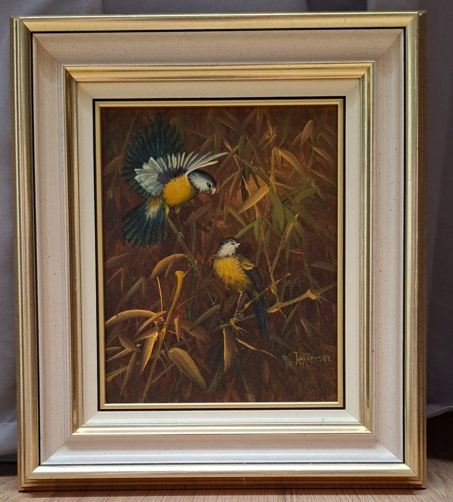Olieverfschilderij 34x40 cm - Twee vogels in bamboe, Ophalen, Gesigneerd, Olieverf, Dieren