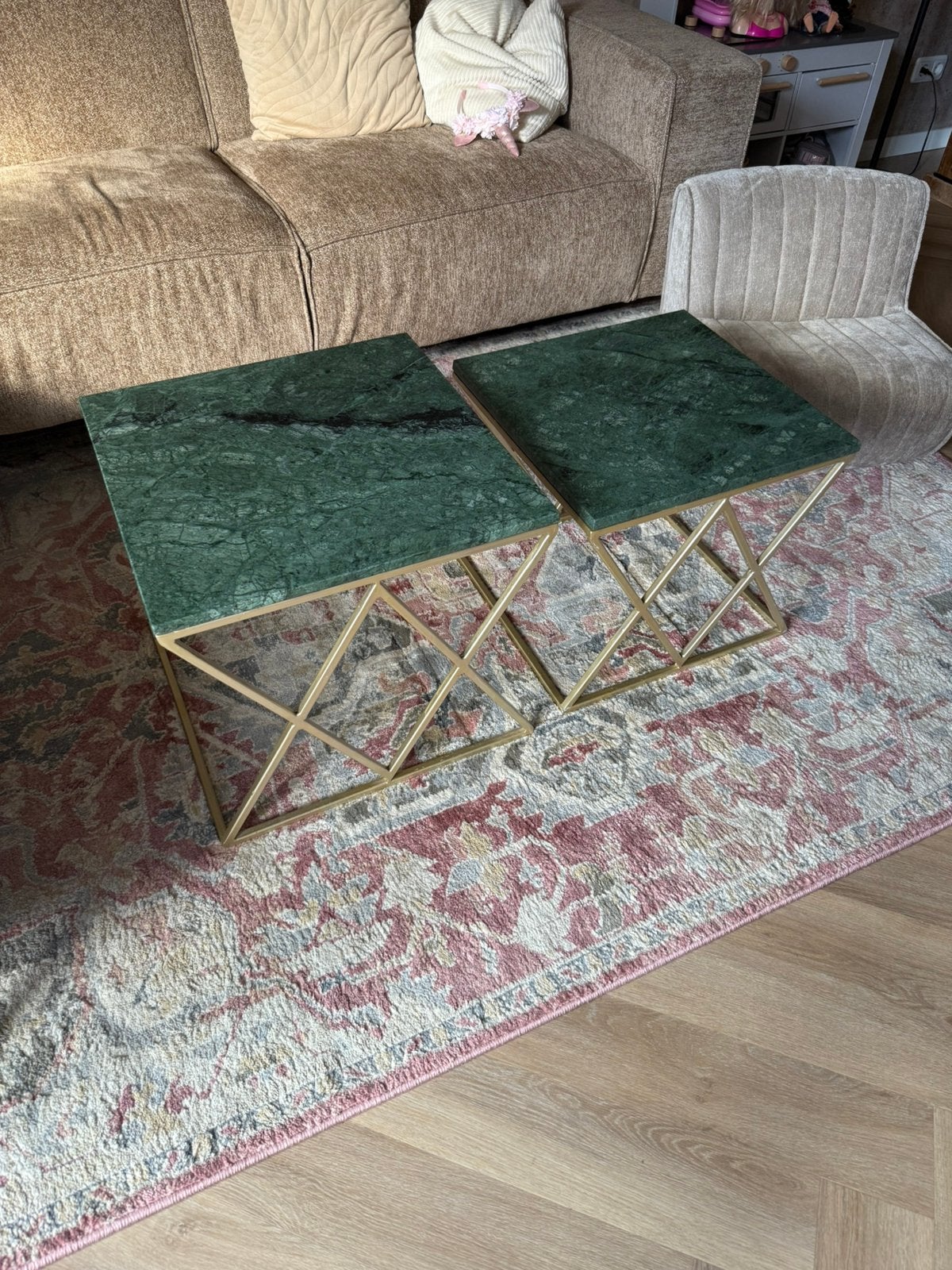 Echt marmeren salontafel set groen goud, Ophalen, Rond, 50 tot 100 cm, Zo goed als nieuw