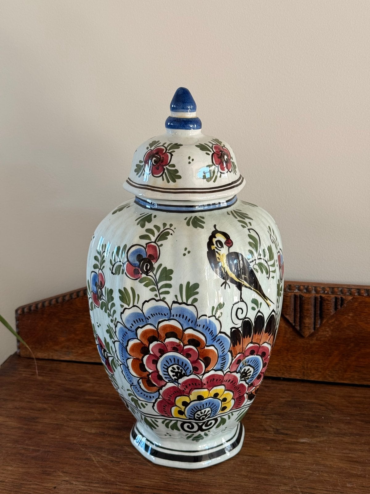 Vintage Delfts Polychroom dekselpot met vogel en bloemen, Ophalen
