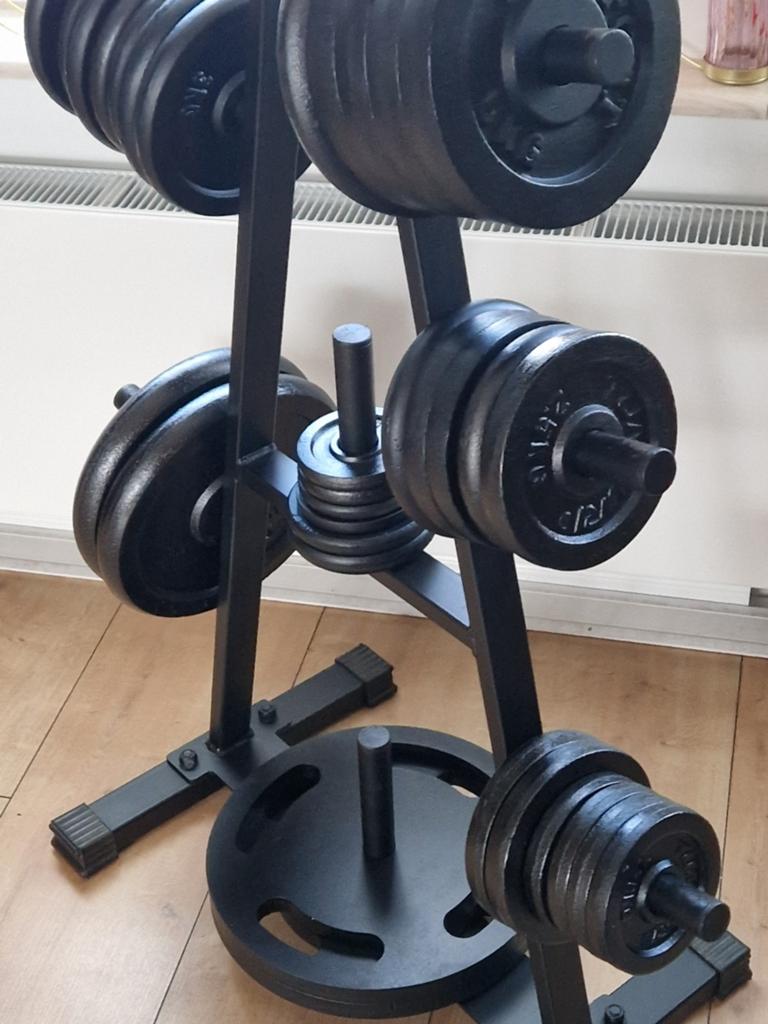 113kg ijzer gewichten met gewichten rek, Sport en Fitness, Fitnessmaterialen, Ophalen