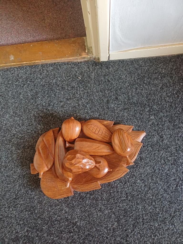 Vintage 9 delig fruitschaal hout hand gestoken, Ophalen of Verzenden