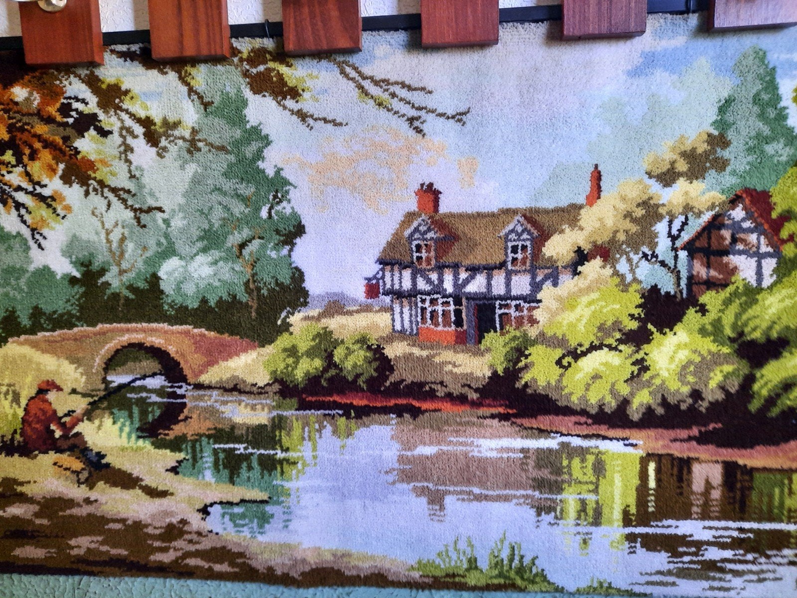 Vintage Wandkleed met Landschap en Visser, Ophalen, Gebruikt, Handgemaakt, Meerkleurig
