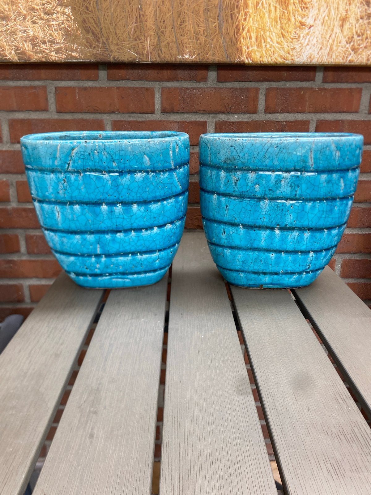Set van 2 turquoise bloempotten, 25 tot 40 cm, Gebruikt, Rond, Binnen
