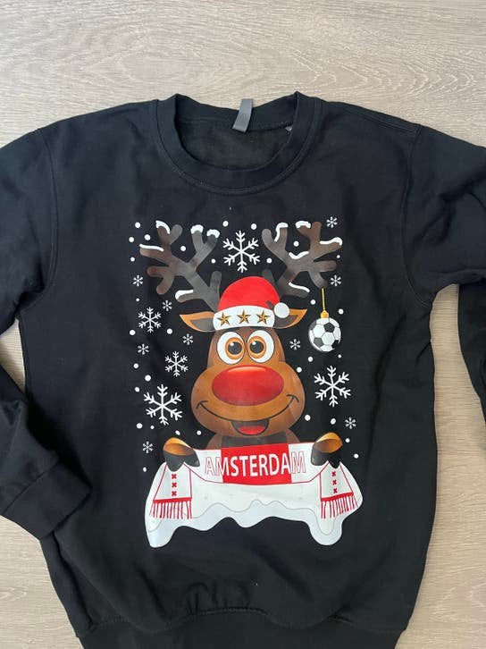 Zwarte Kersttrui Ajax met Rendier en Amsterdam, maat 152, Ophalen of Verzenden, Zo goed als nieuw