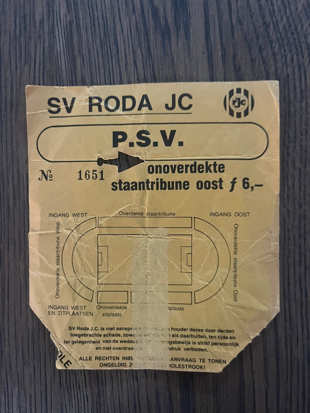 OUD TICKET RODA-PSV, Verzamelen, Ophalen of Verzenden, Zo goed als nieuw, PSV, Overige typen