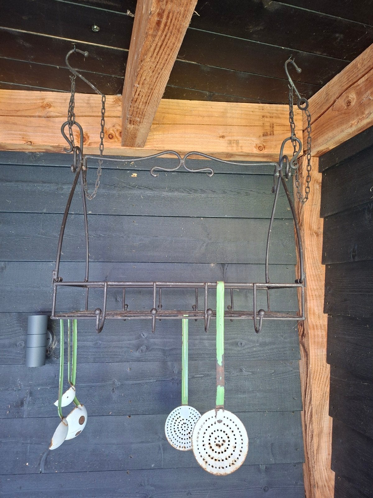 Vintage smeedijzeren pannenrek met haken, Antiek en Kunst, Ophalen