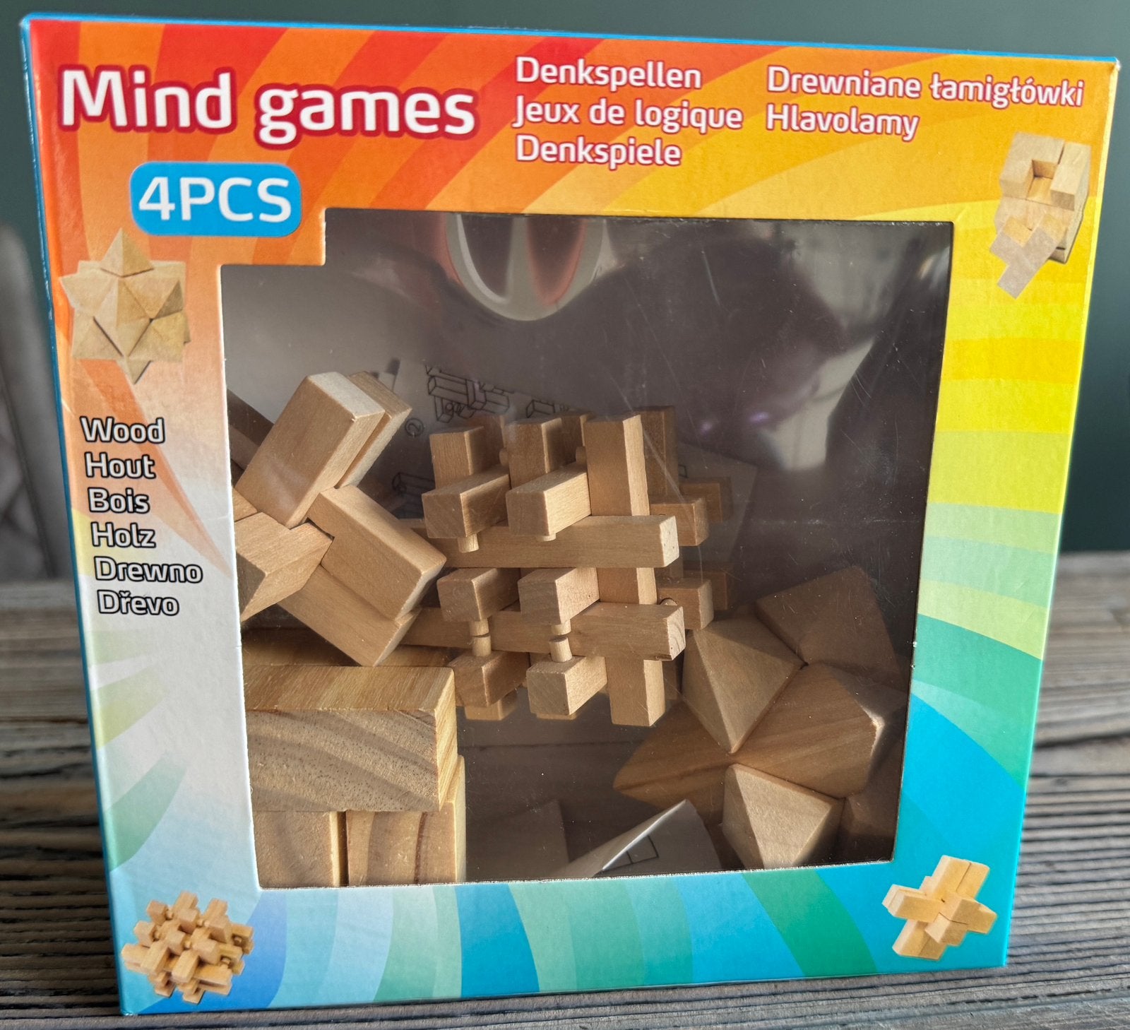 Mind games wood / Houten denk puzzel 4 vormen zgan, Ophalen of Verzenden, Zo goed als nieuw, Puzzelen