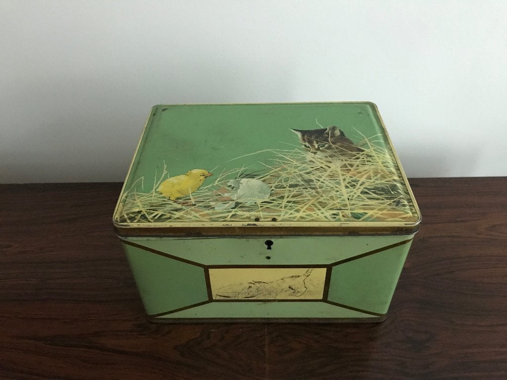 Mooi oud blik blikken doos kat poes kitten met kuiken, Verzamelen, Blikken, Ophalen of Verzenden, Gebruikt, Overige, Overige merken