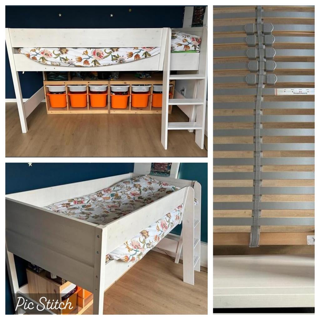 Mooie witte hoogslaper met lattenbodem, Huis en Inrichting, Slaapkamer | Bedden, Ophalen, Gebruikt, 90 cm, Eenpersoons