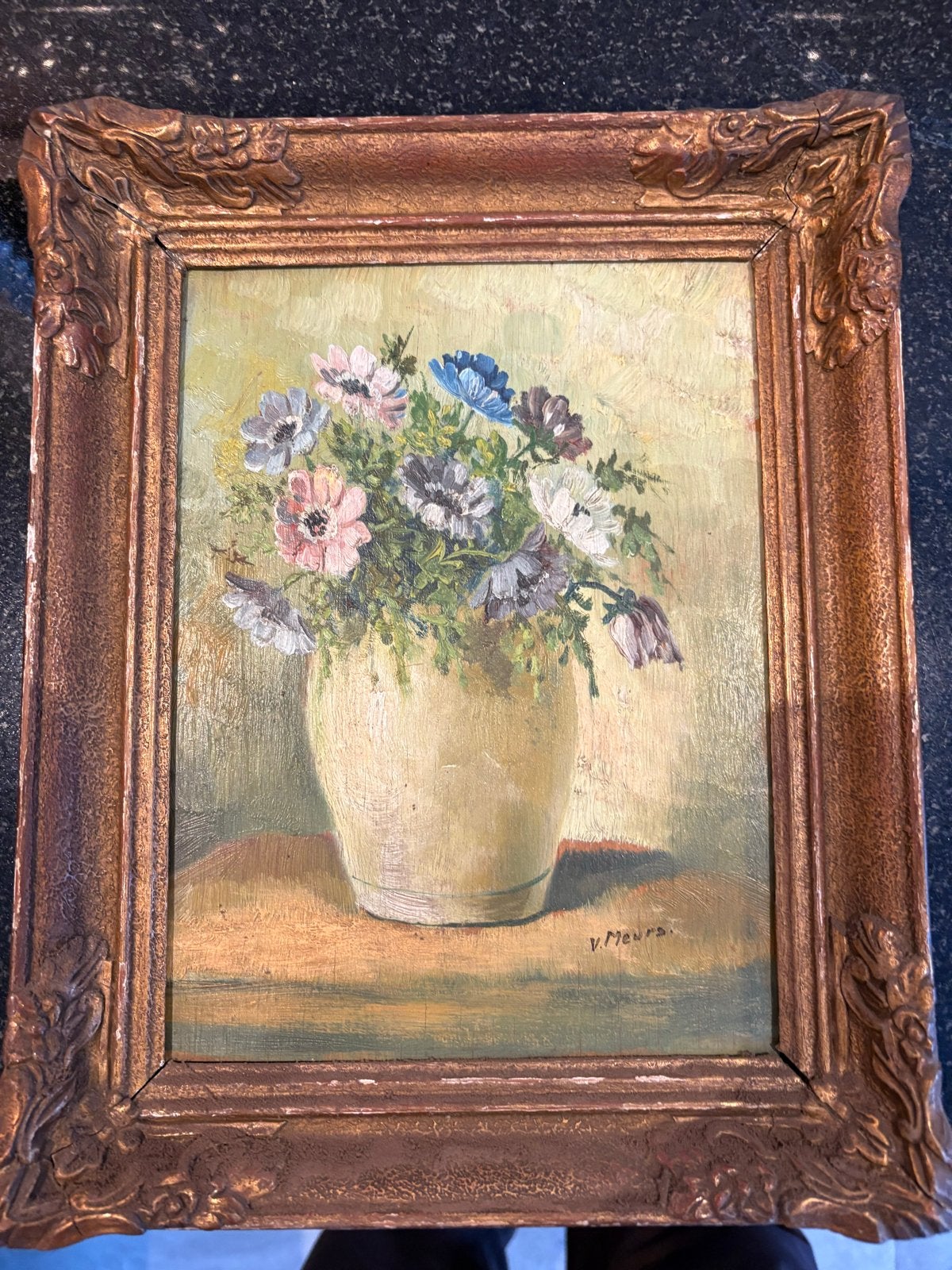 Schilderij V. Meurs - Bloemen in vaas met lijst, Bloemen, Paneel, Ophalen of Verzenden, Gesigneerd
