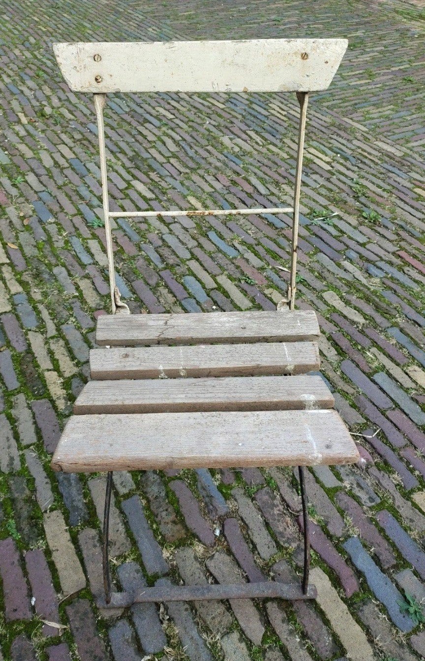 Vintage houten klapstoel - Brocante tuinstoel, Ophalen, Gebruikt, Metaal, Inklapbaar