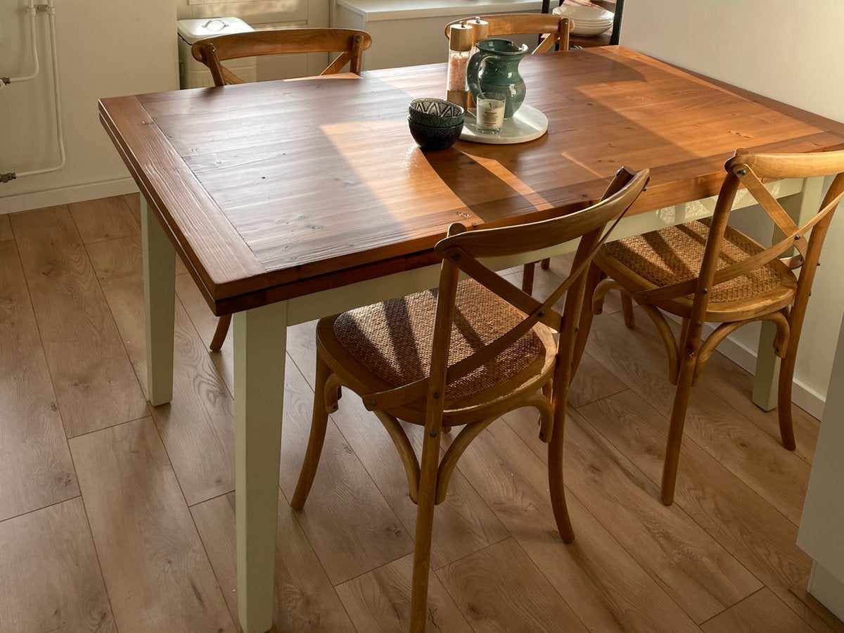 Wooden dining table + 4 chairs, Ophalen, Gebruikt, 50 tot 100 cm, 150 tot 200 cm