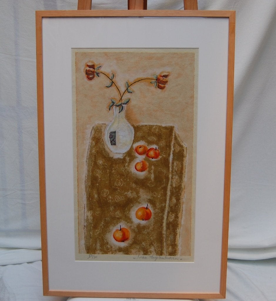 Zeefdruk Lita van Engelenhoven - Vaas met vijf appels, Antiek en Kunst, Zeefdruk, Gelimiteerde oplage, Abstract, Ophalen