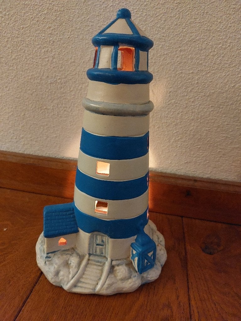 Blauw-witte vuurtoren kandelaar, Overige materialen, Blauw, Ophalen of Verzenden, Zo goed als nieuw