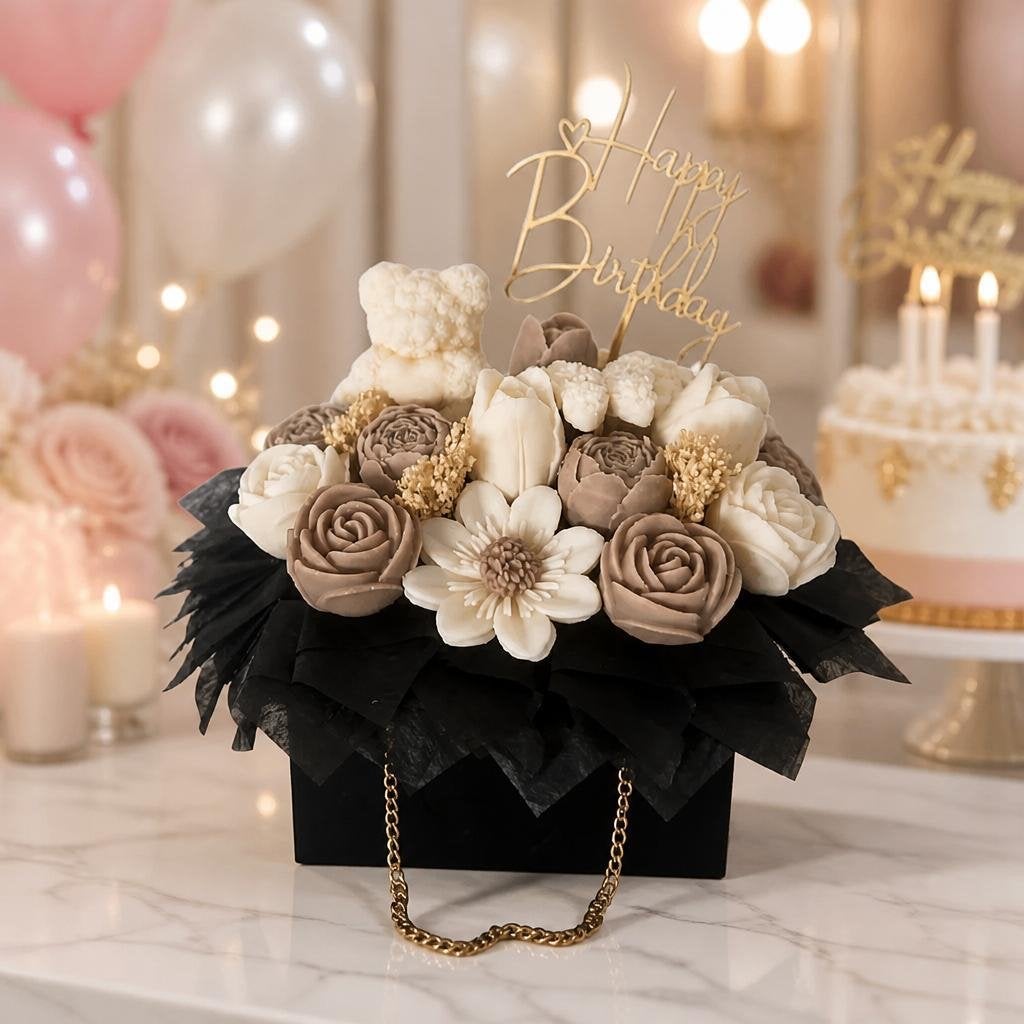 Luxe Flowerbox met Geurkaarsen – Happy Birthday, Meerkleurig, Overige materialen, Nieuw, Ophalen of Verzenden