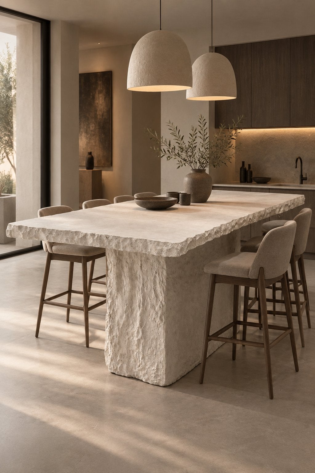Unieke Japandi minimalistische bartafel met Mortex afwerking, Ophalen, Overige materialen, 100 tot 150 cm, 200 cm of meer