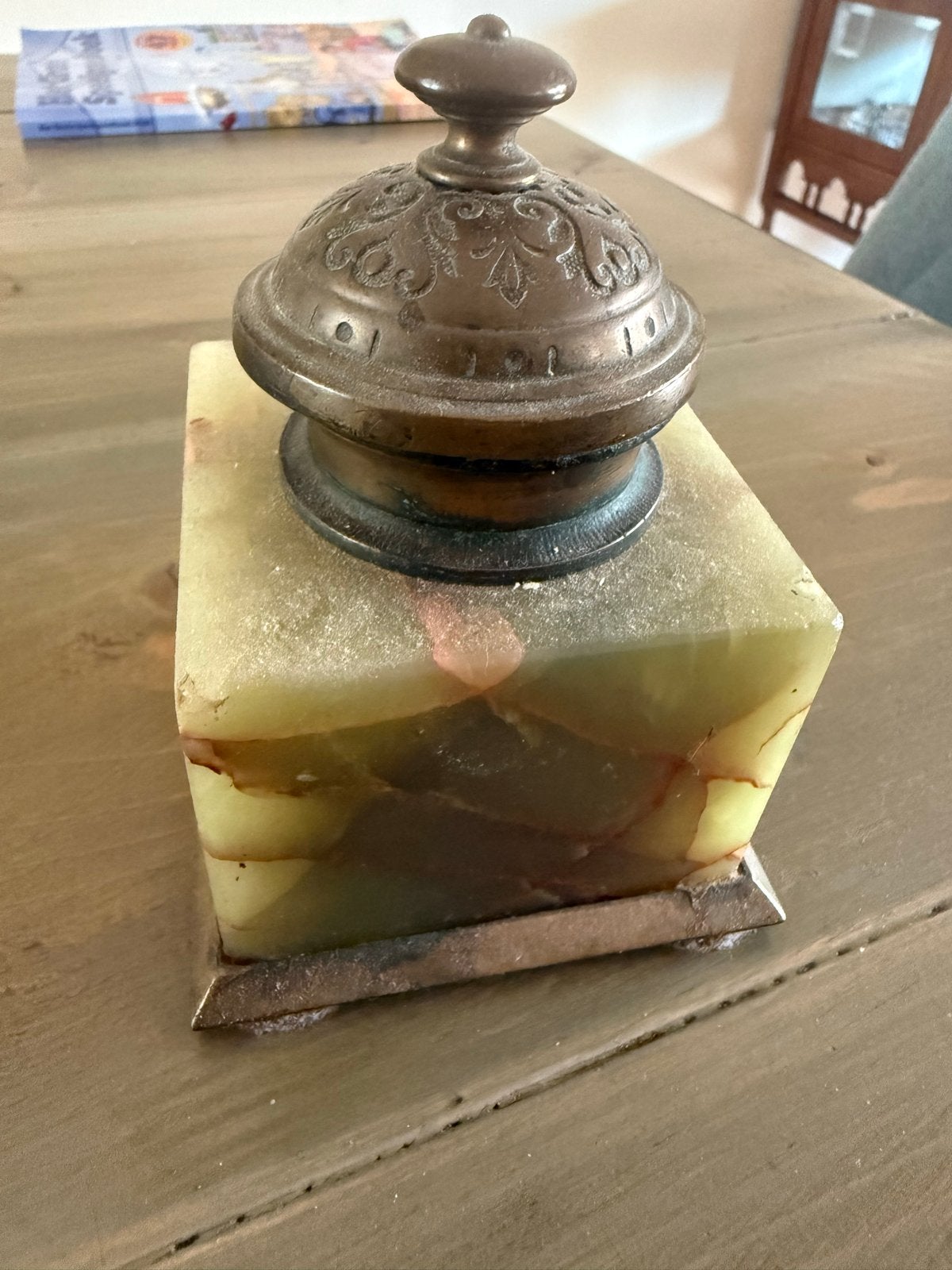 Antieke inktpot van onyx en brons, Ophalen of Verzenden