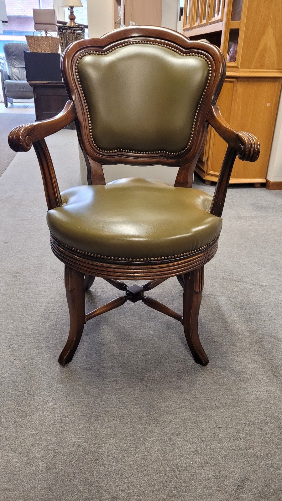 Vintage Bureaustoel met Groen Leer en Houten Frame, Ophalen of Verzenden