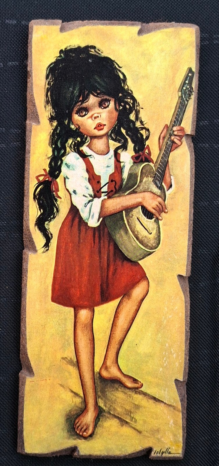 Vintage schilderijtje Big eye girl (  met gitaar) jaren 70, Ophalen of Verzenden