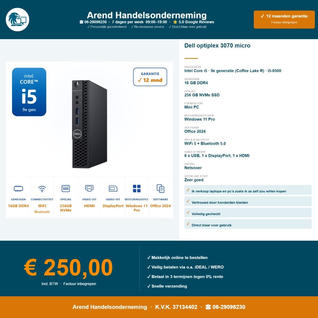 Dell Optiplex 3070 i5-9500T 3.7GHz 16GB 256GB NVMe Office 24, Computers en Software, Desktop Pc's, 256 GB, Dell, ., Ophalen of Verzenden