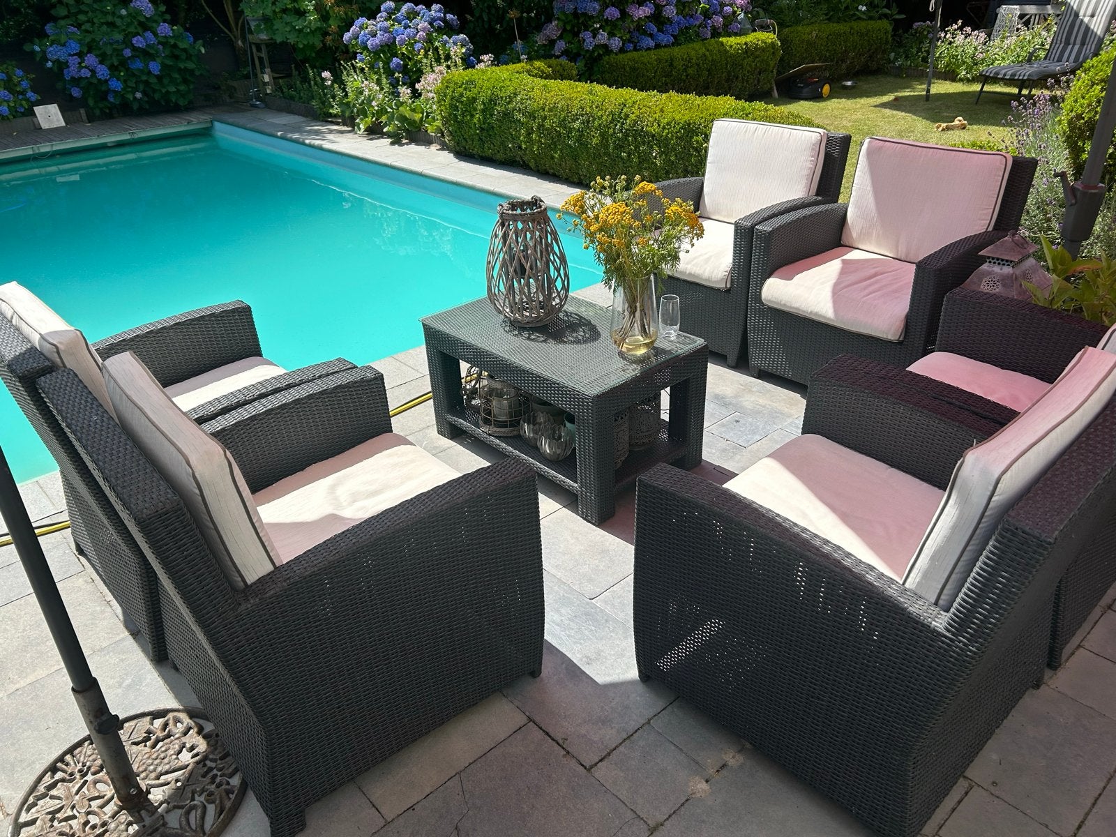 Loungeset met 6 stoelen en tafel met glasplaat, Ophalen, Gebruikt, 6 zitplaatsen, Loungeset