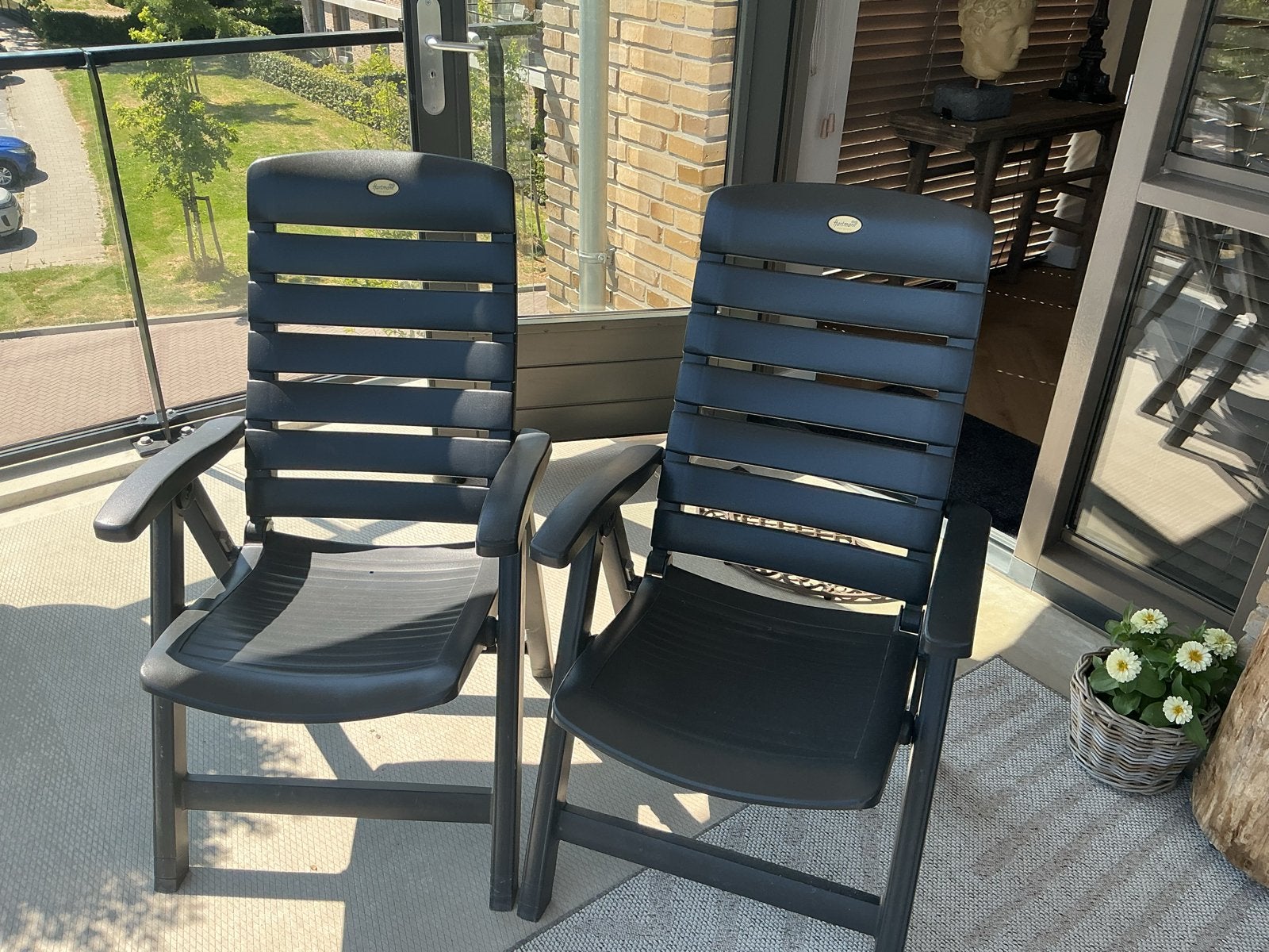 2x Verstelbare Tuinstoelen met Kussens - Grijs Kunststof, Ophalen, Gebruikt, Kunststof, Verstelbaar