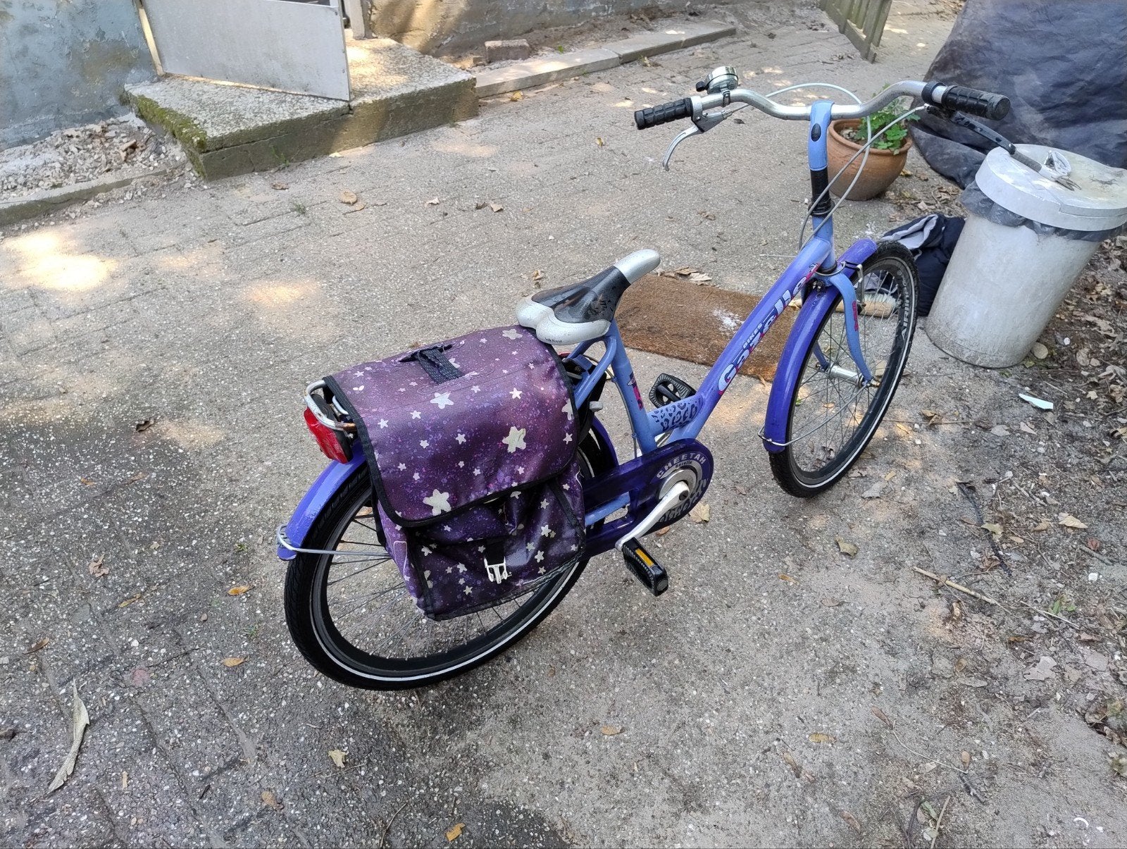 Gazelle kinderfiets 20 inch met paarse fietstassen, Ophalen, Terugtraprem, Gebruikt, Handrem