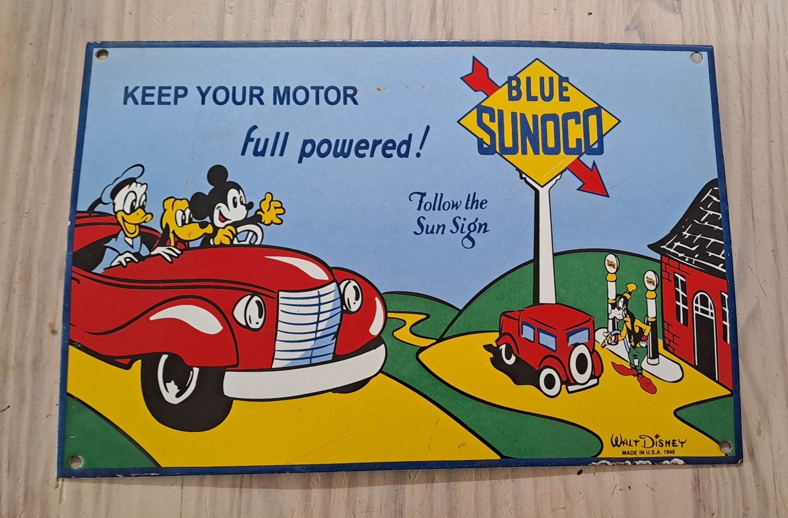 Vintage Walt Disney Sunoco Emaille Reclamebord 1940, Ophalen of Verzenden
