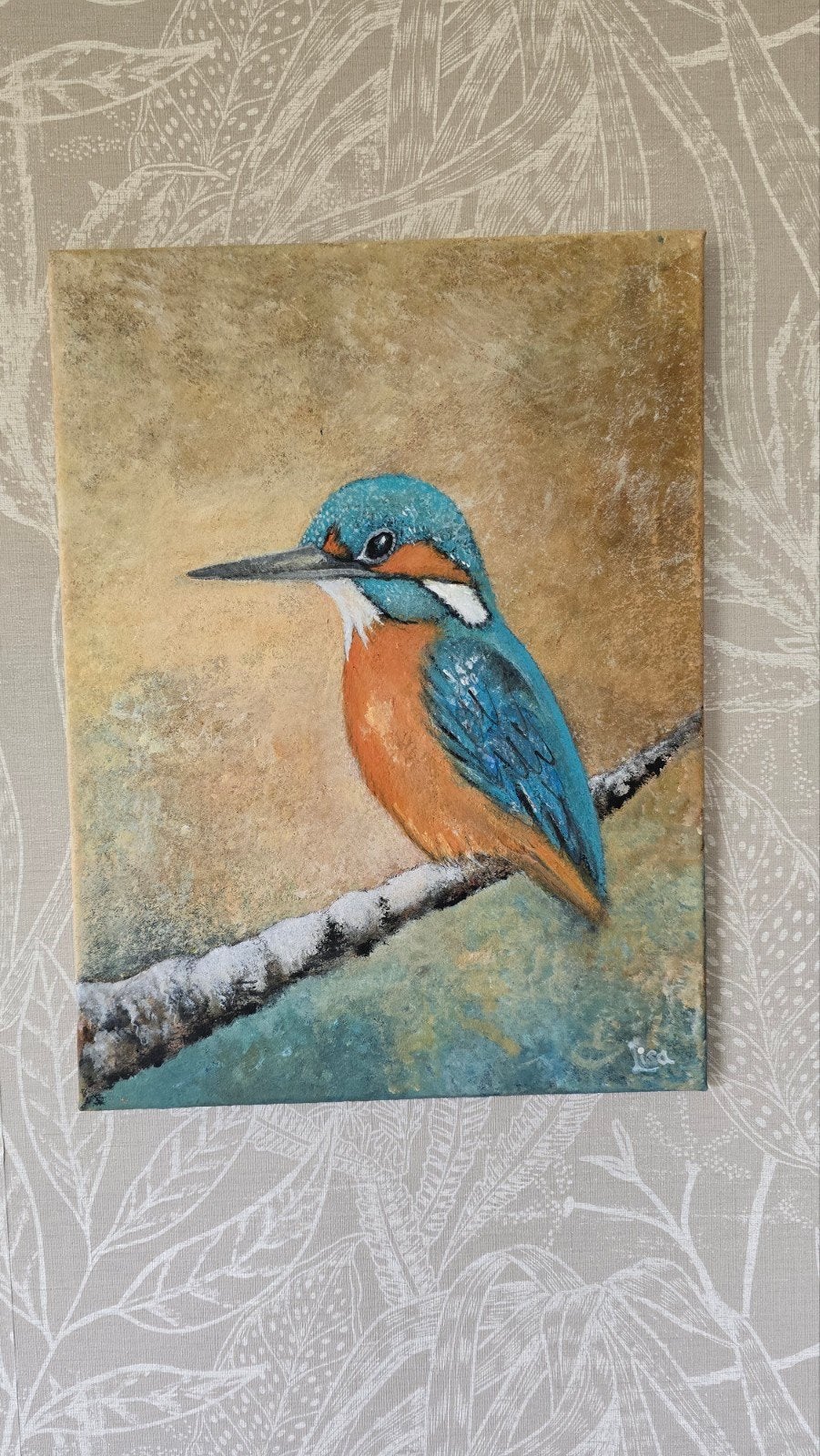 Schilderij IJsvogel op tak - Handgeschilderd kunstwerk, Antiek en Kunst, Ophalen of Verzenden
