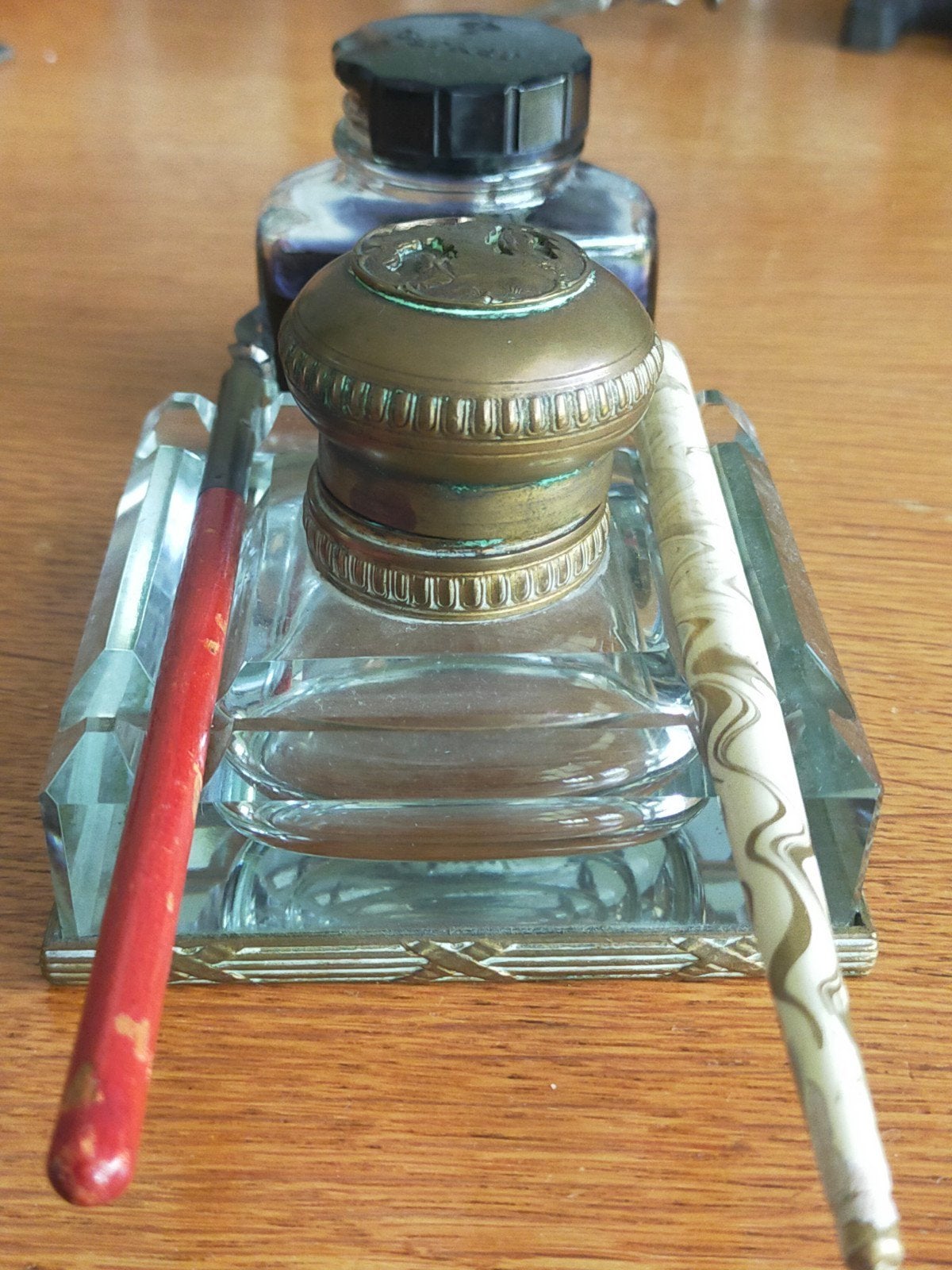 antieke inktpot van glas met koperen deksel, Antiek en Kunst, Ophalen of Verzenden