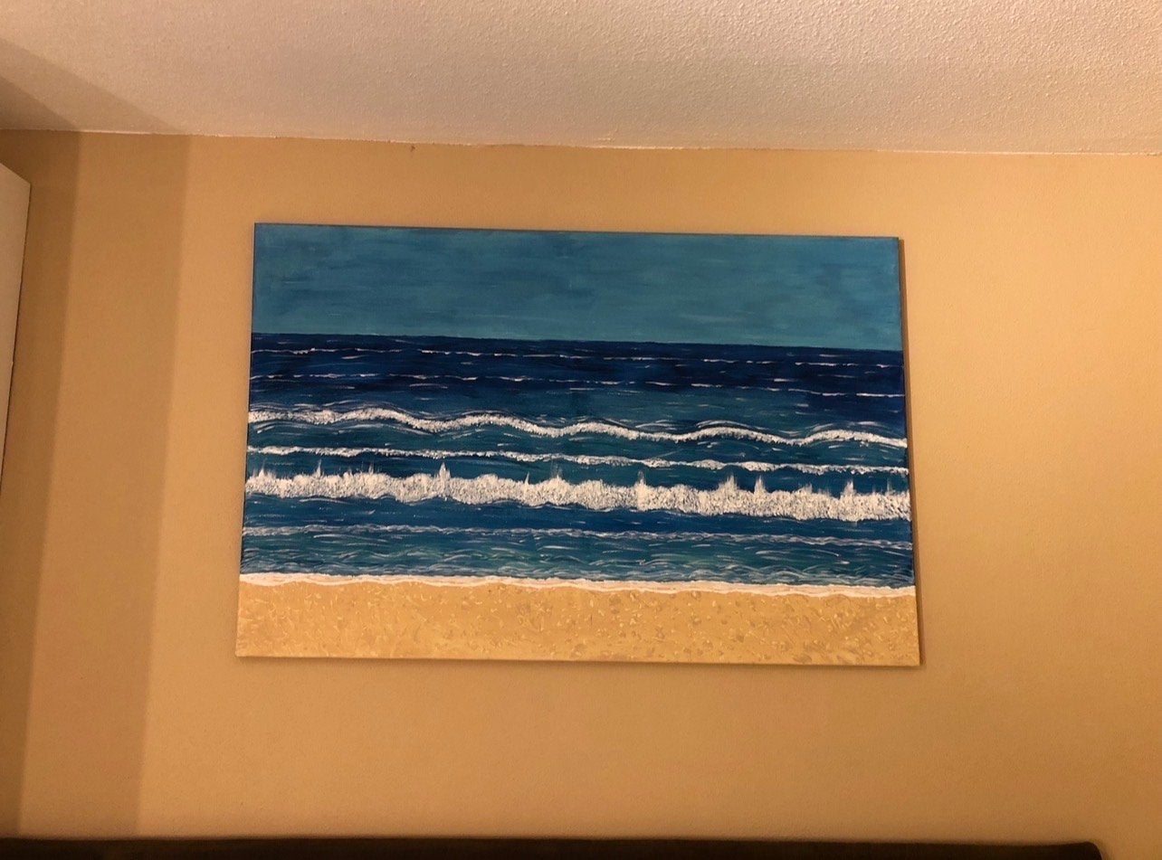 Schilderij: Zeegezicht met golven en strand, Antiek en Kunst, Landschap, Acrylverf, Verzenden, Handgeschilderd