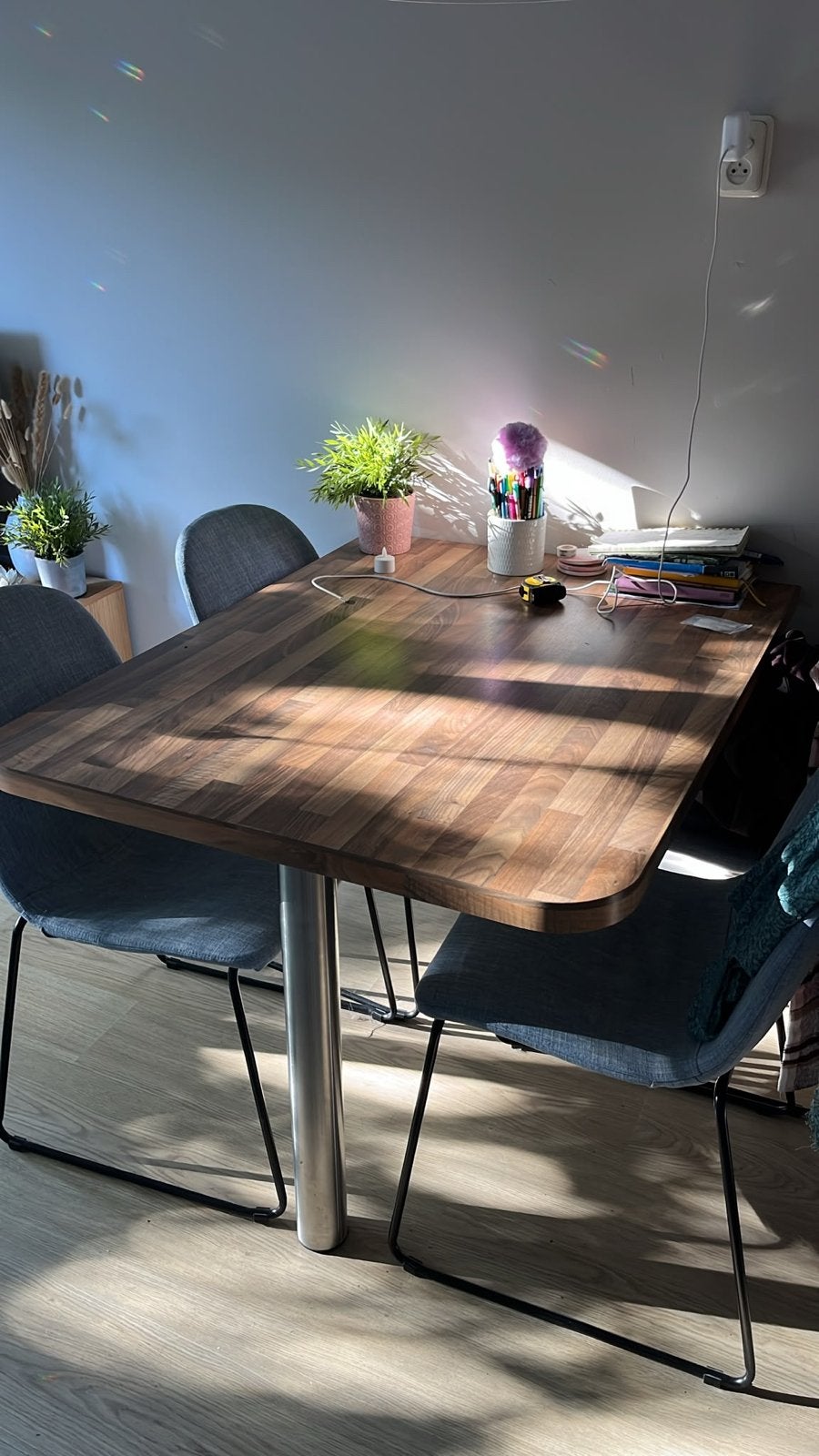 Eettafel 120x90 cm met houten blad en metalen poot, Ophalen, Gebruikt, 100 tot 150 cm, 50 tot 100 cm