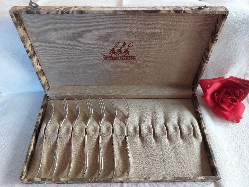 Wellner 90 | cassette met 7 lange taartvorkjes  | 13 cm, Antiek en Kunst, Verzenden