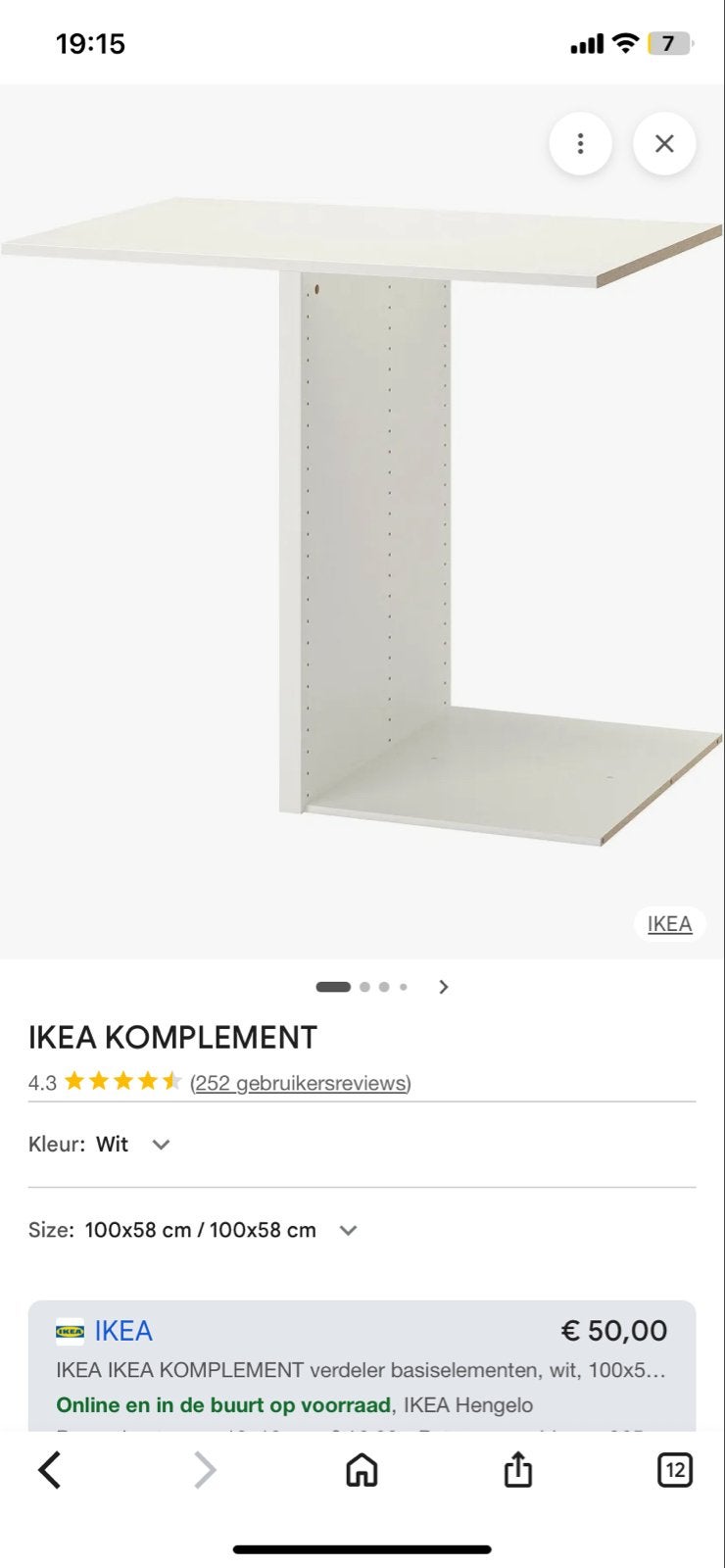 IKEA KOMPLEMENT verdeler basiselementen, wit, 100x58 cm, Ophalen, Gebruikt, 50 tot 100 cm, Minder dan 100 cm