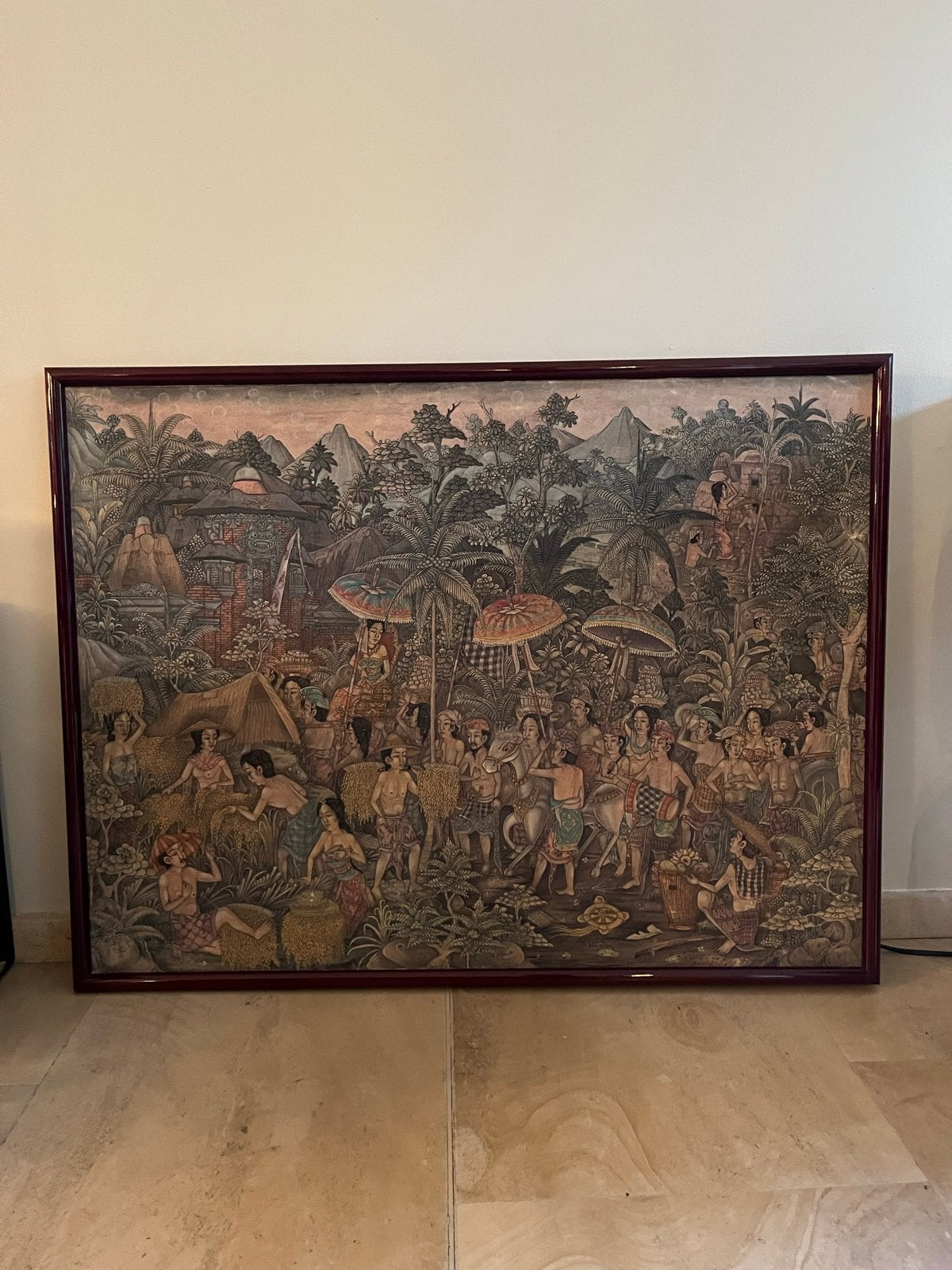 Groot Balinees schilderij - Traditioneel dorpsleven, Doek, Realistisch, Overige technieken, Ophalen of Verzenden
