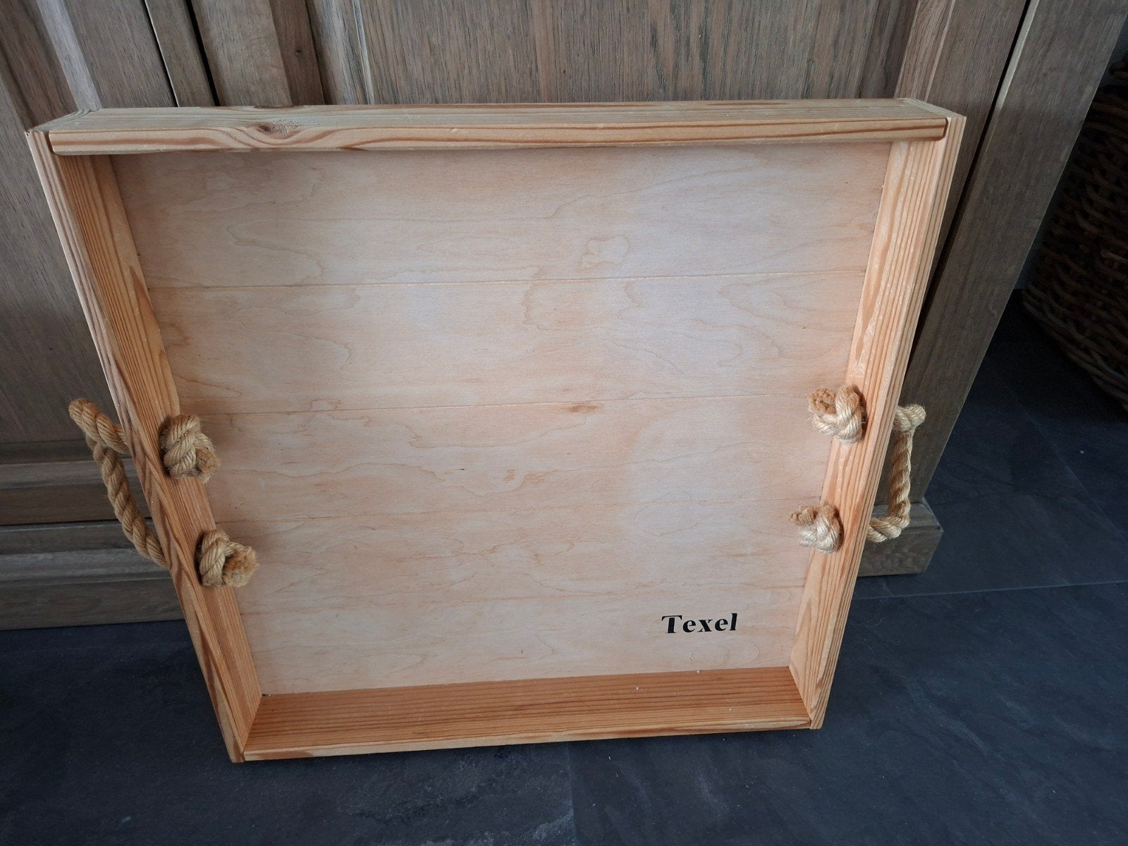 Houten dienblad met touw handvatten - Texel - 48x48 cm, Ophalen of Verzenden, Gebruikt, Hout