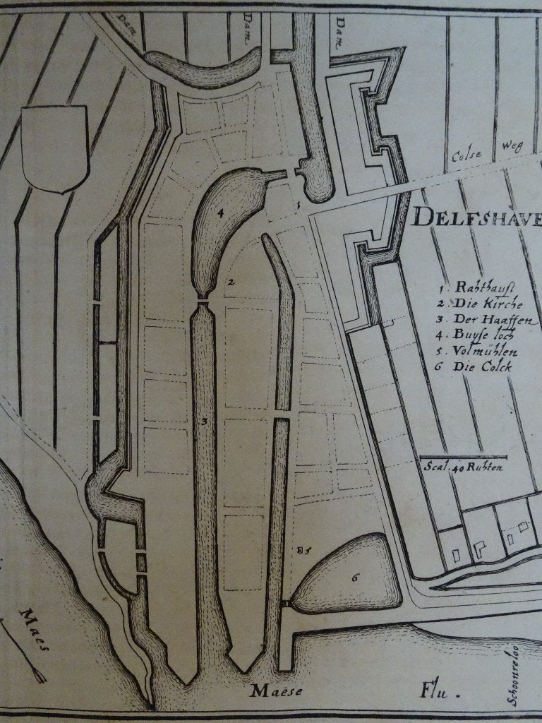 Dubbelgravure plattegrond Delfshaven en Brielle Merian 1670, Antiek en Kunst, Kunst | Etsen en Gravures, Cartografie, Gravure